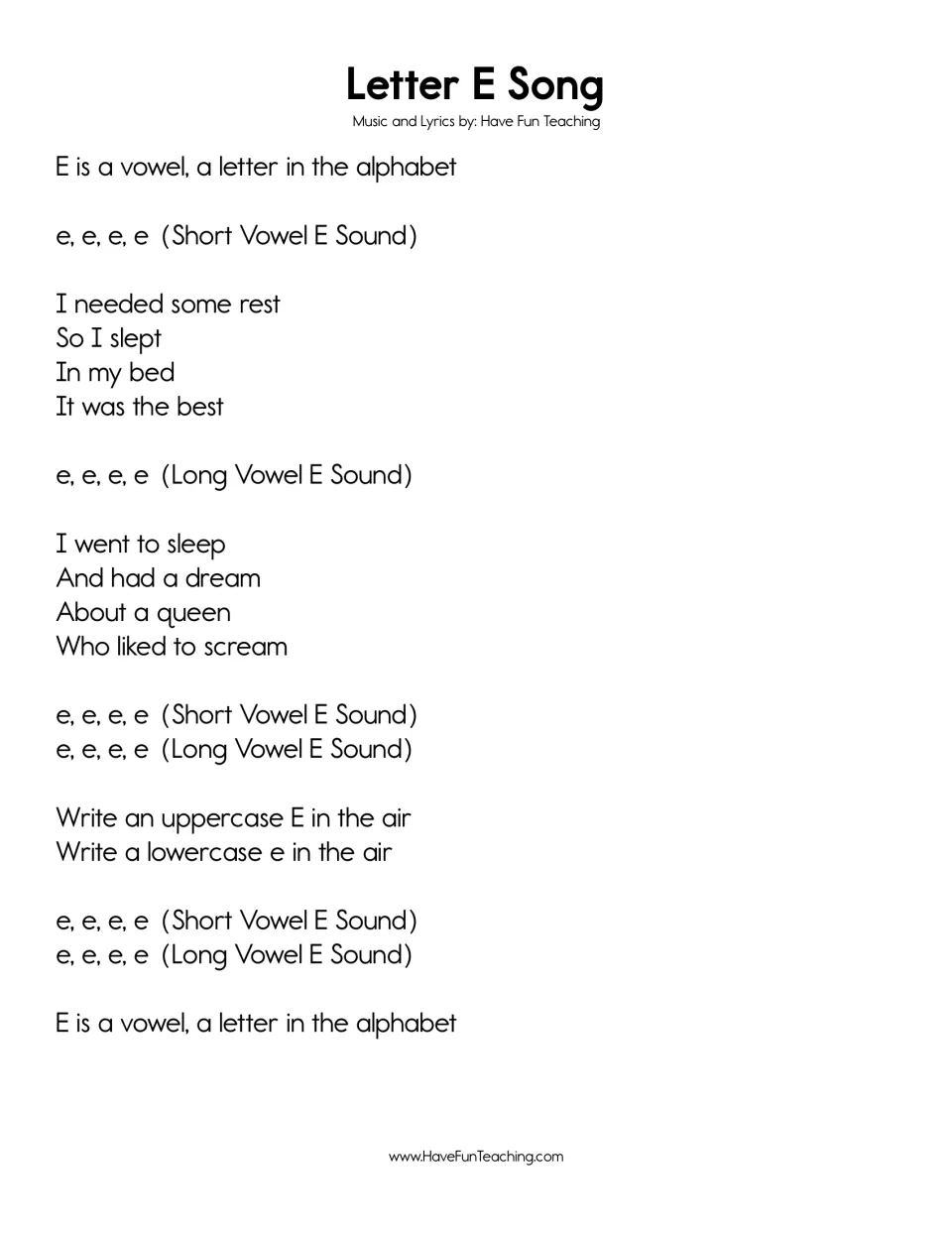 Letter E Song pairing short e words (rest, slept, bed) with long e words (sleep, dream, queen, scream) and air-writing E