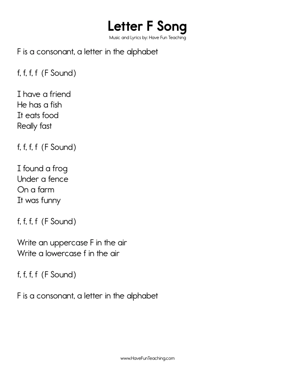 Letter F Song: f sound verses about a friend's fast-eating fish and a funny frog under a farm fence, with air-writing F