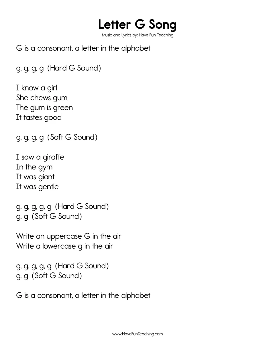 Letter G Song: hard g lines (girl, gum, green, good) and soft g lines (giraffe, gym, giant, gentle) for sound contrast