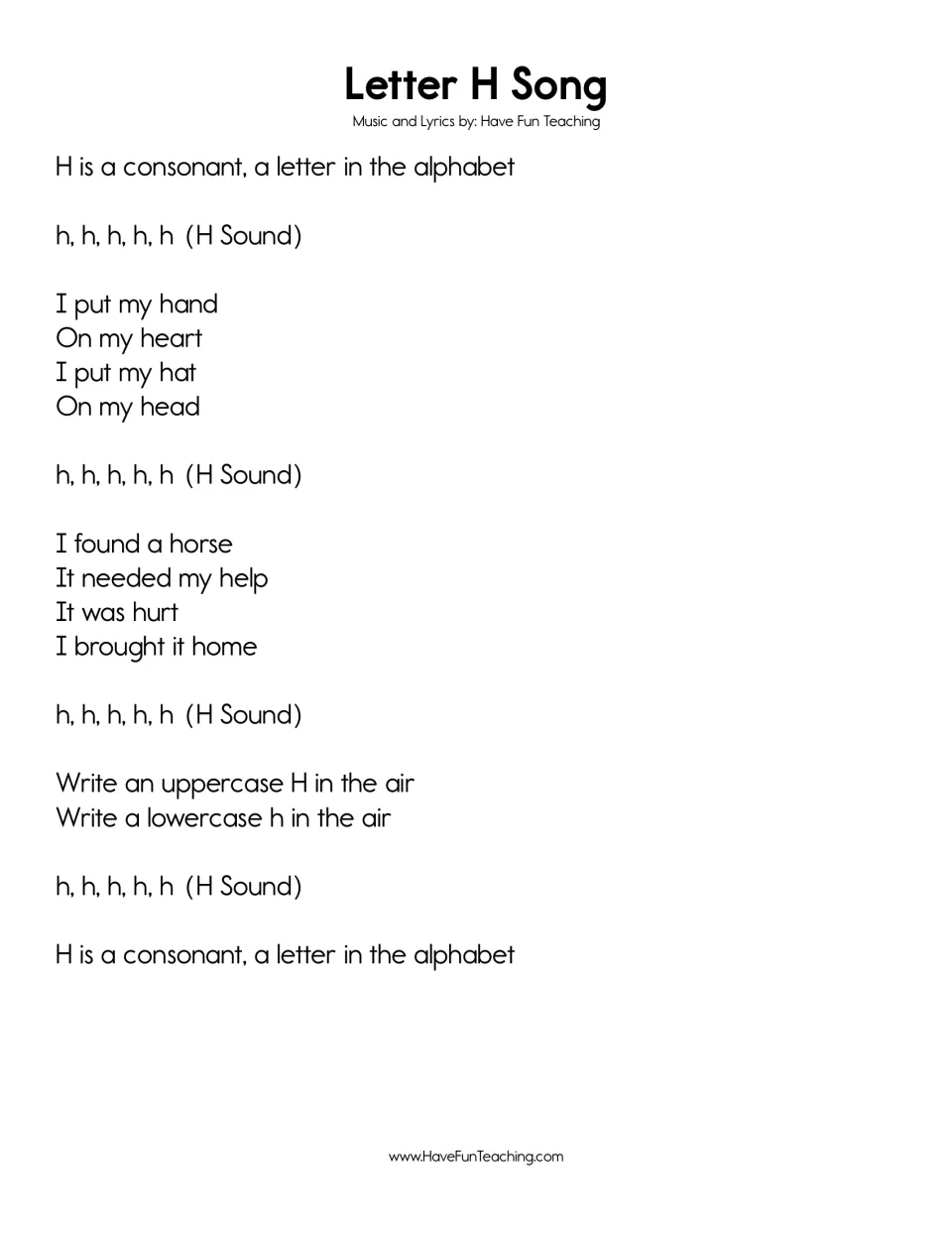 Letter H Song: h sound verses about hand, heart, hat and head, then helping a hurt horse home; air-write H and h