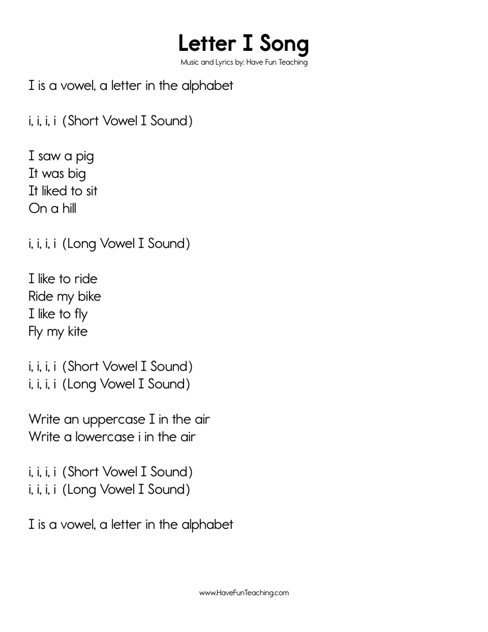 Letter I Song: short i rhymes (pig, big, sit, hill) and long i rhymes (ride, bike, fly, kite) with air-writing I