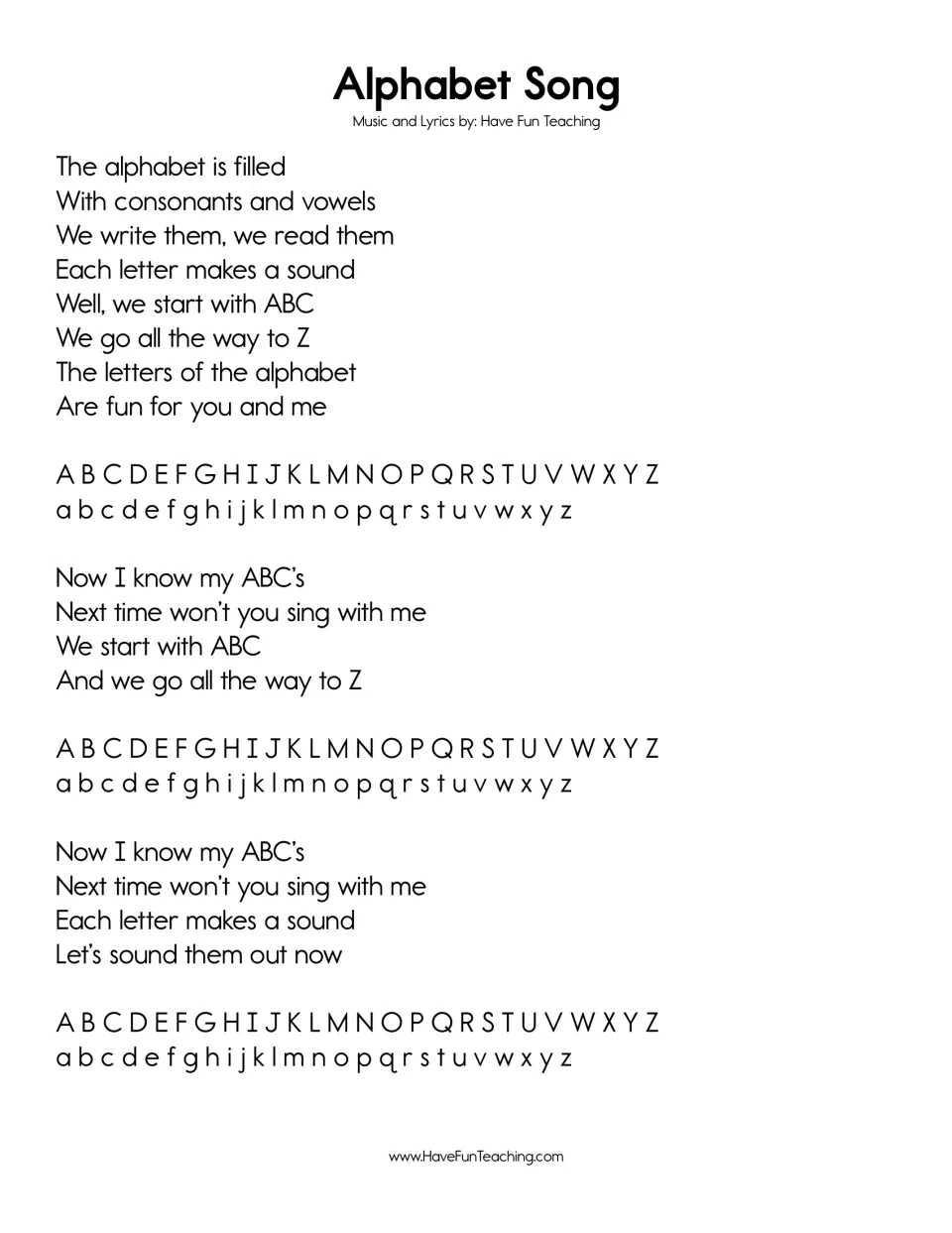 Song lyric sheet about consonants, vowels, and letter sounds, with uppercase and lowercase alphabets repeated.