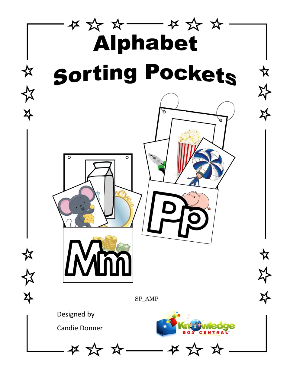 Alphabet Sorting Pockets cover: finished Mm and Pp pockets holding picture cards such as a mouse, milk and popcorn