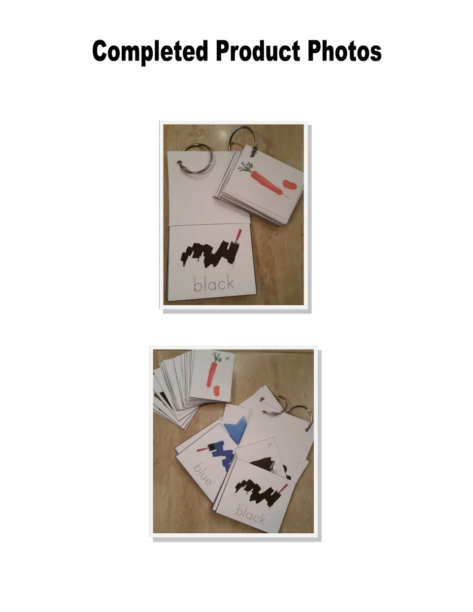 Completed Product Photos: ringed pockets with sample cards, a carrot and the words 'black' and 'blue'