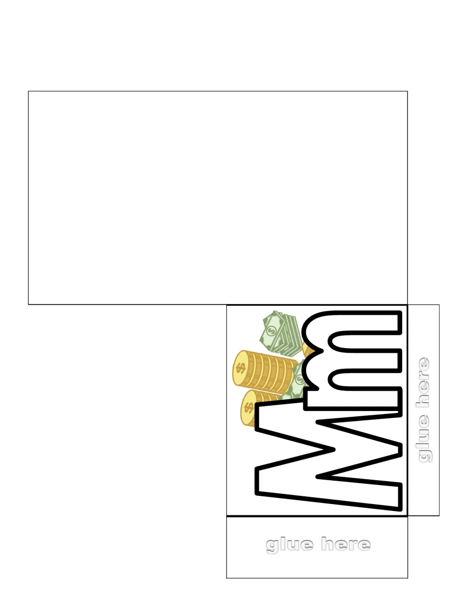 Letter M sorting pocket to cut, fold and glue, with a large Mm and a picture of coins and dollar bills