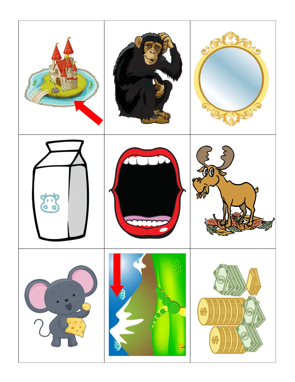 M sorting cards: moat, monkey, mirror, milk, mouth, moose, mouse, mountain and money, nine pictures to cut apart