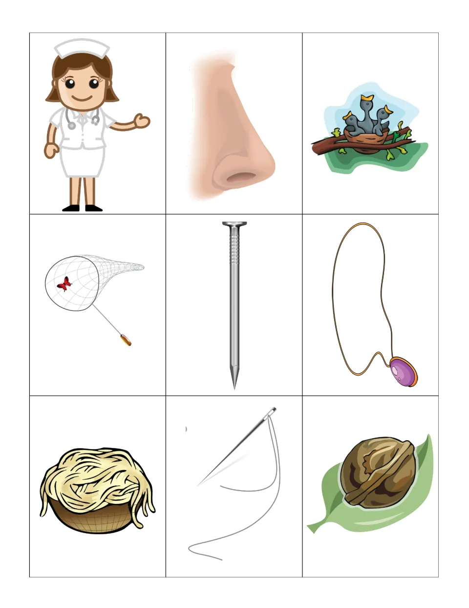 N sorting cards: nurse, nose, nest, net, nail, necklace, noodles, needle and nut, nine pictures to cut apart