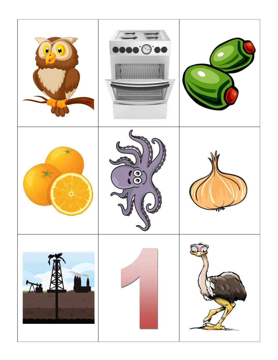 O sorting cards: owl, oven, olives, oranges, octopus, onion, oil, one and ostrich, nine pictures to cut apart