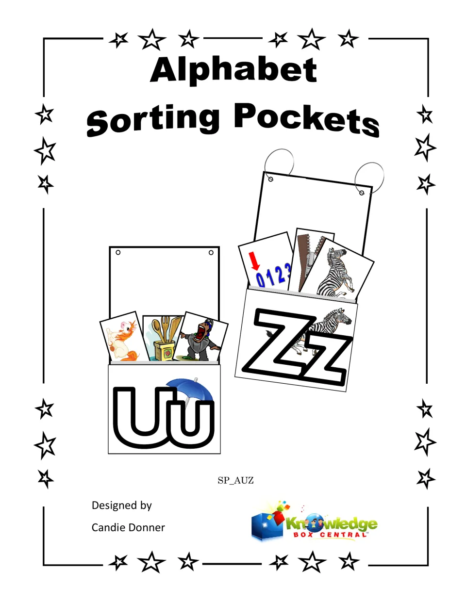 Alphabet Sorting Pockets U to Z cover showing U and Z letter pockets holding picture cards such as a unicorn and zebra