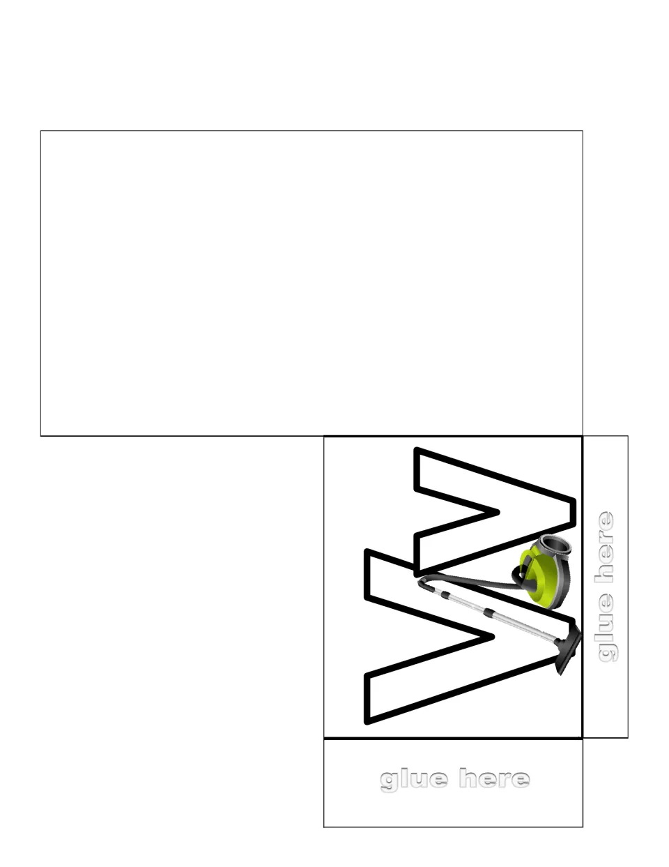 Letter V sorting pocket to cut, fold and glue, with an outlined Vv and a vacuum cleaner picture