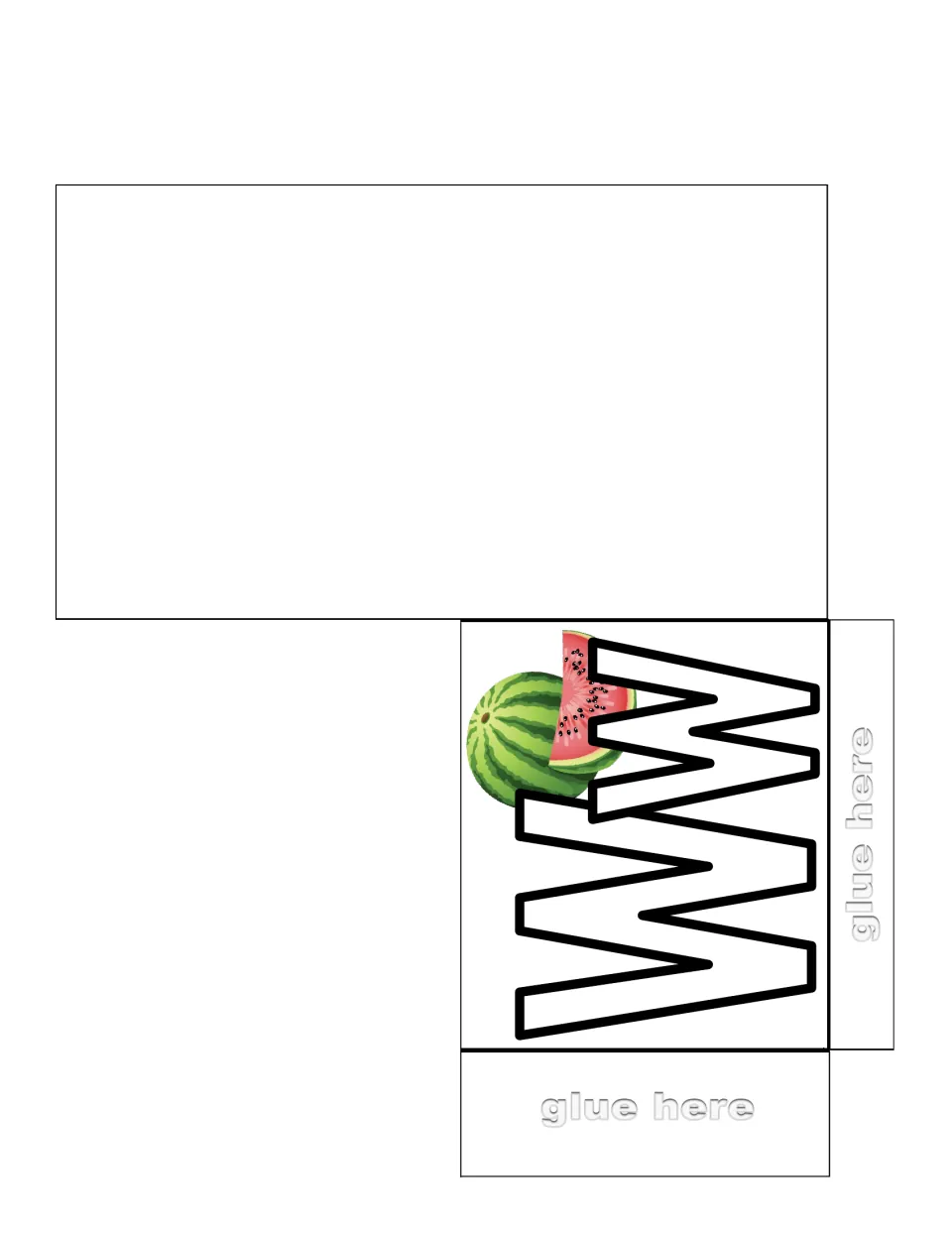 Letter W sorting pocket to cut, fold and glue, with an outlined Ww and a watermelon picture