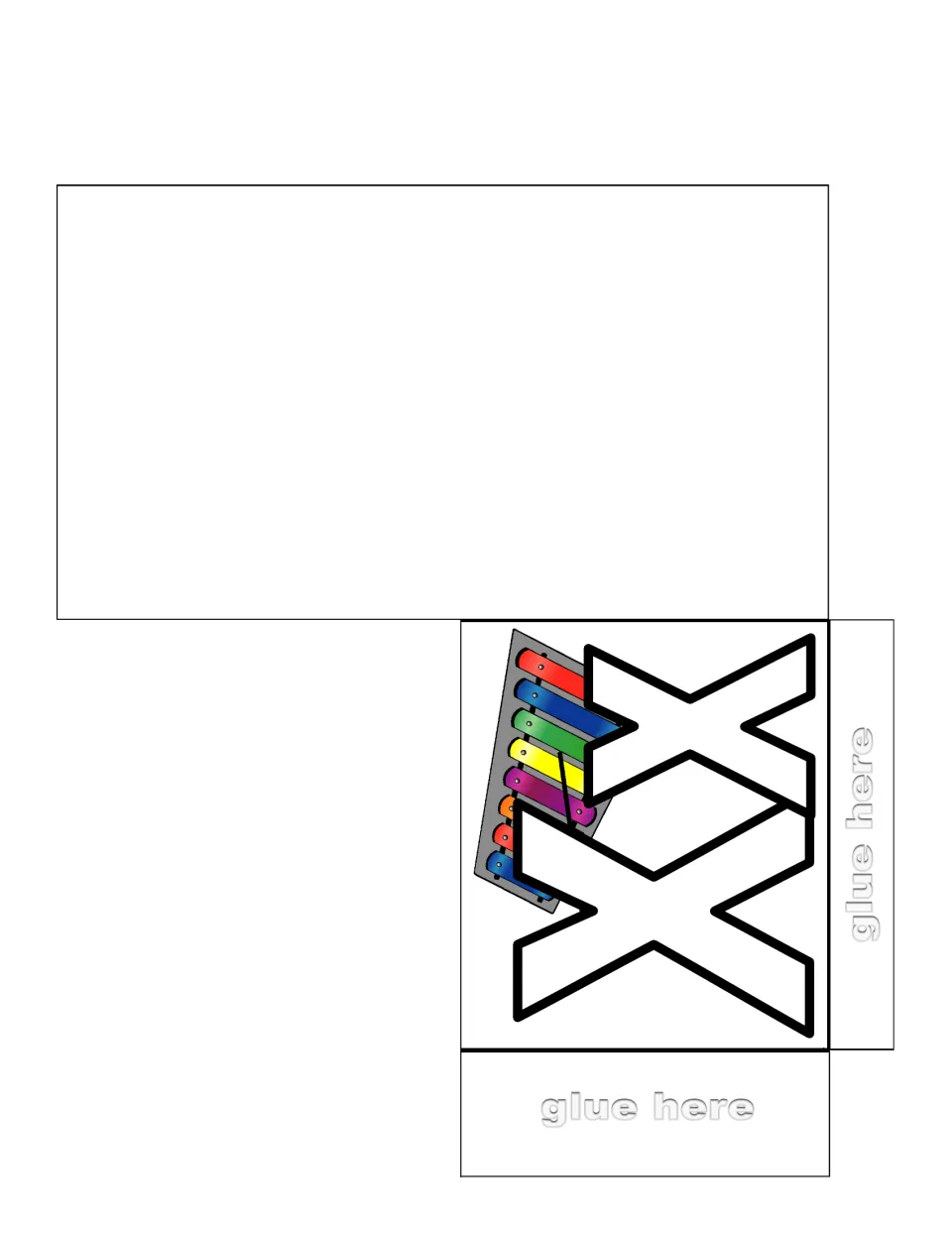 Letter X sorting pocket to cut, fold and glue, with an outlined Xx and a xylophone picture