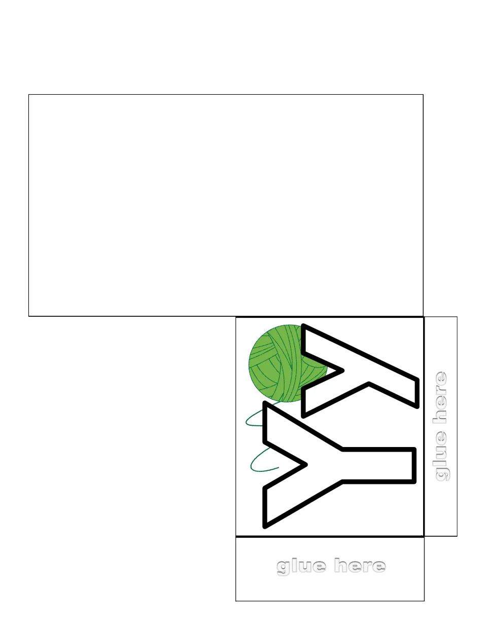 Letter Y sorting pocket to cut, fold and glue, with an outlined Yy and a ball of yarn picture