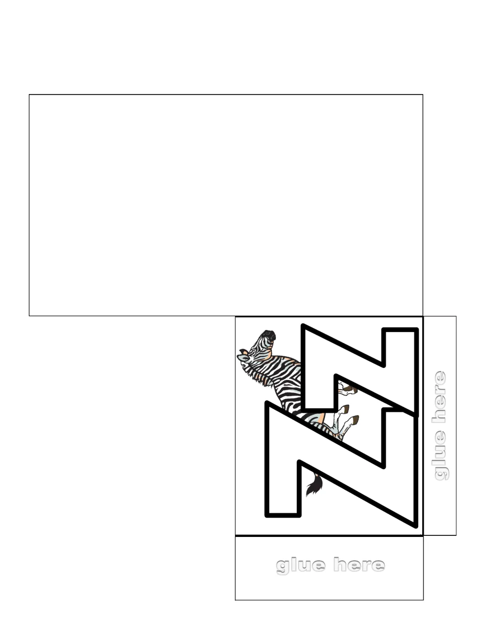 Letter Z sorting pocket to cut, fold and glue, with an outlined Zz and a zebra picture