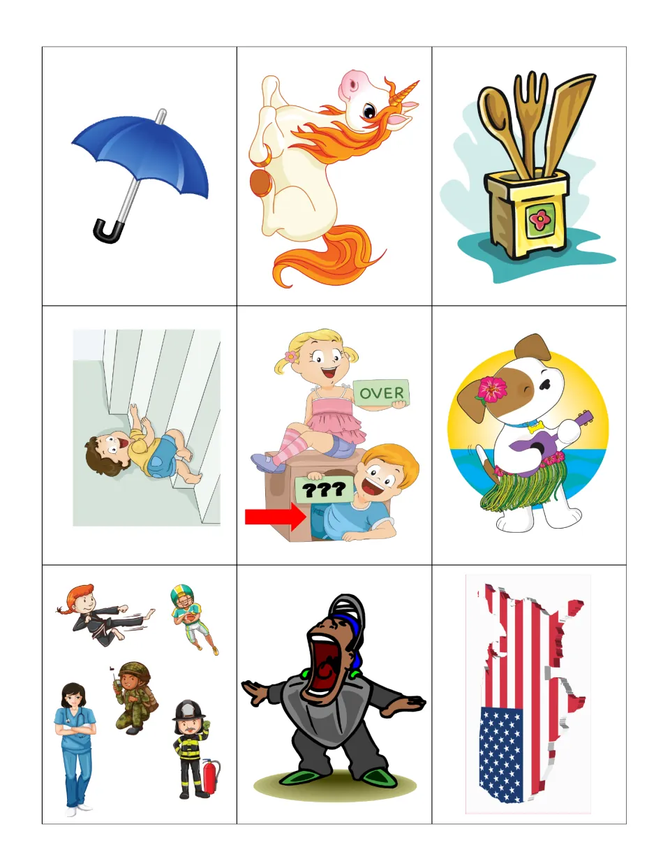 U sorting cards: umbrella, unicorn, utensils, umpire, United States map and four more to sort into the U pocket