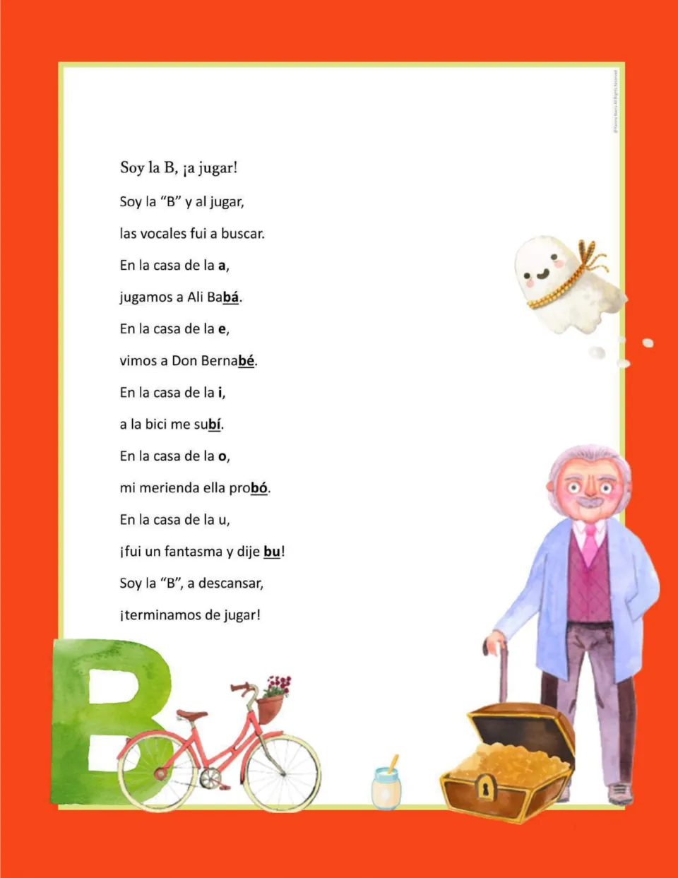 Letter B poem pairs B with each vowel through endings Babá, Bernabé, subí (I climbed), probó, and bu