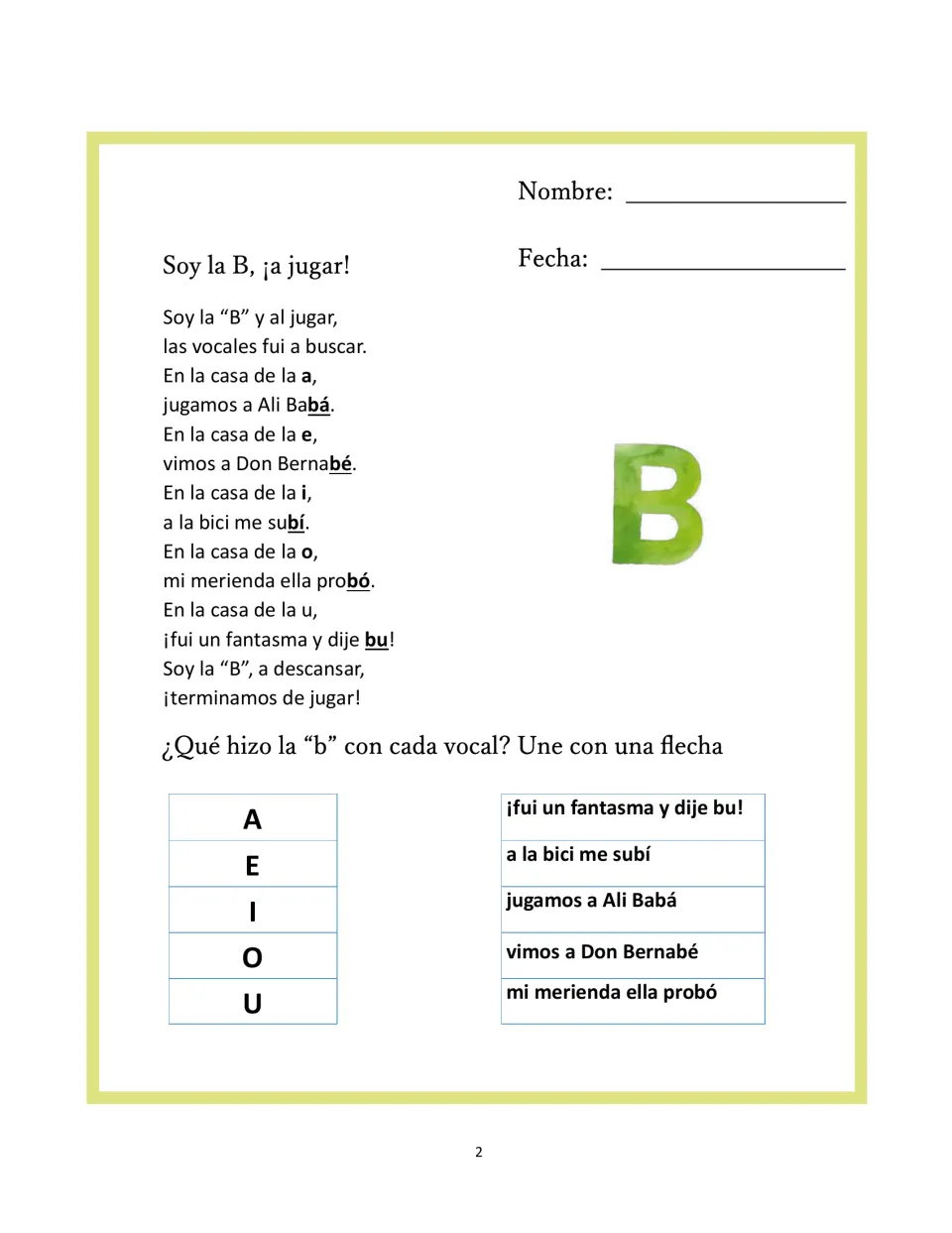 Letter B matching activity repeats the poem and asks students to connect A, E, I, O, U to its actions