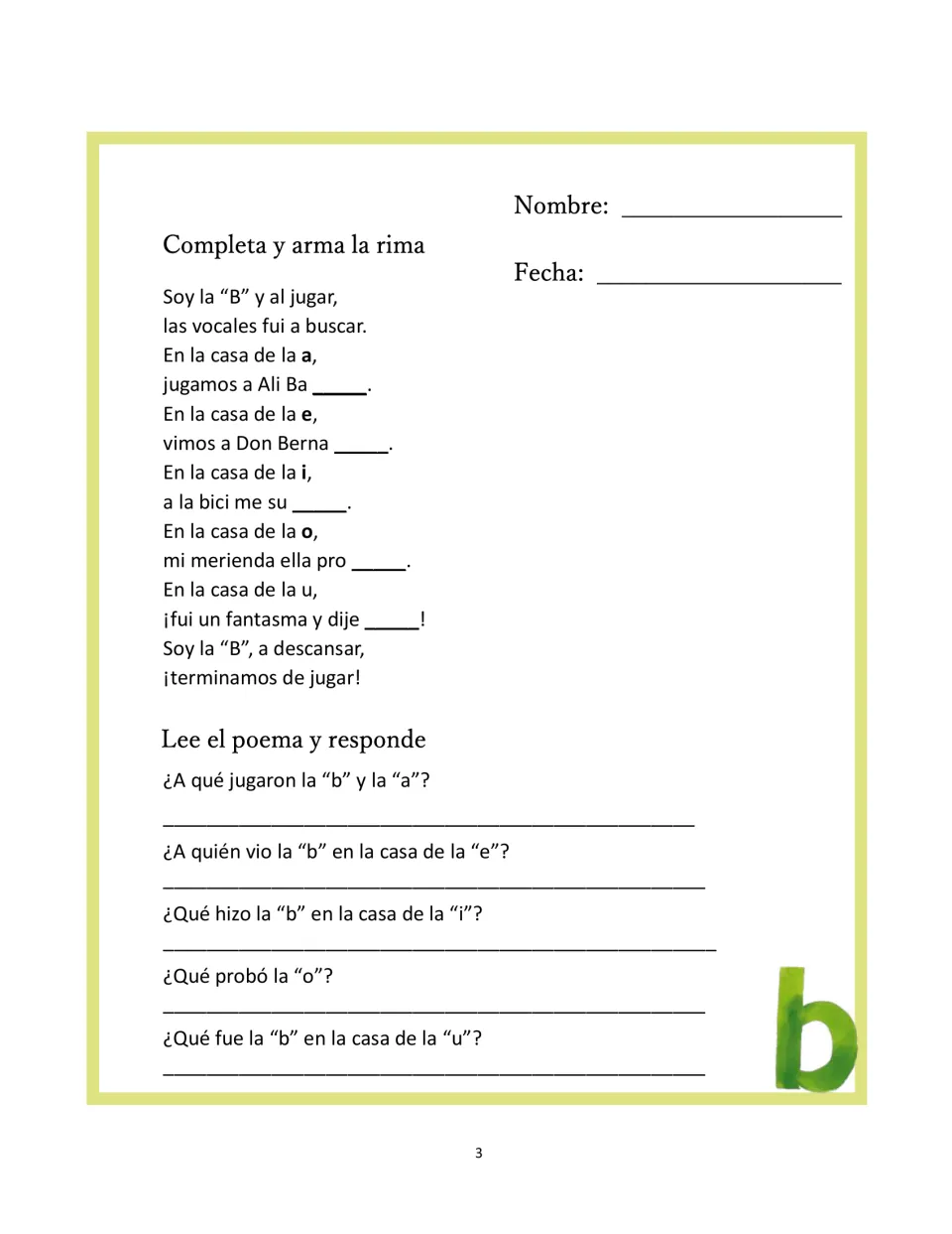 Letter B follow-up asks students to complete five rhyming endings and answer five questions about the poem