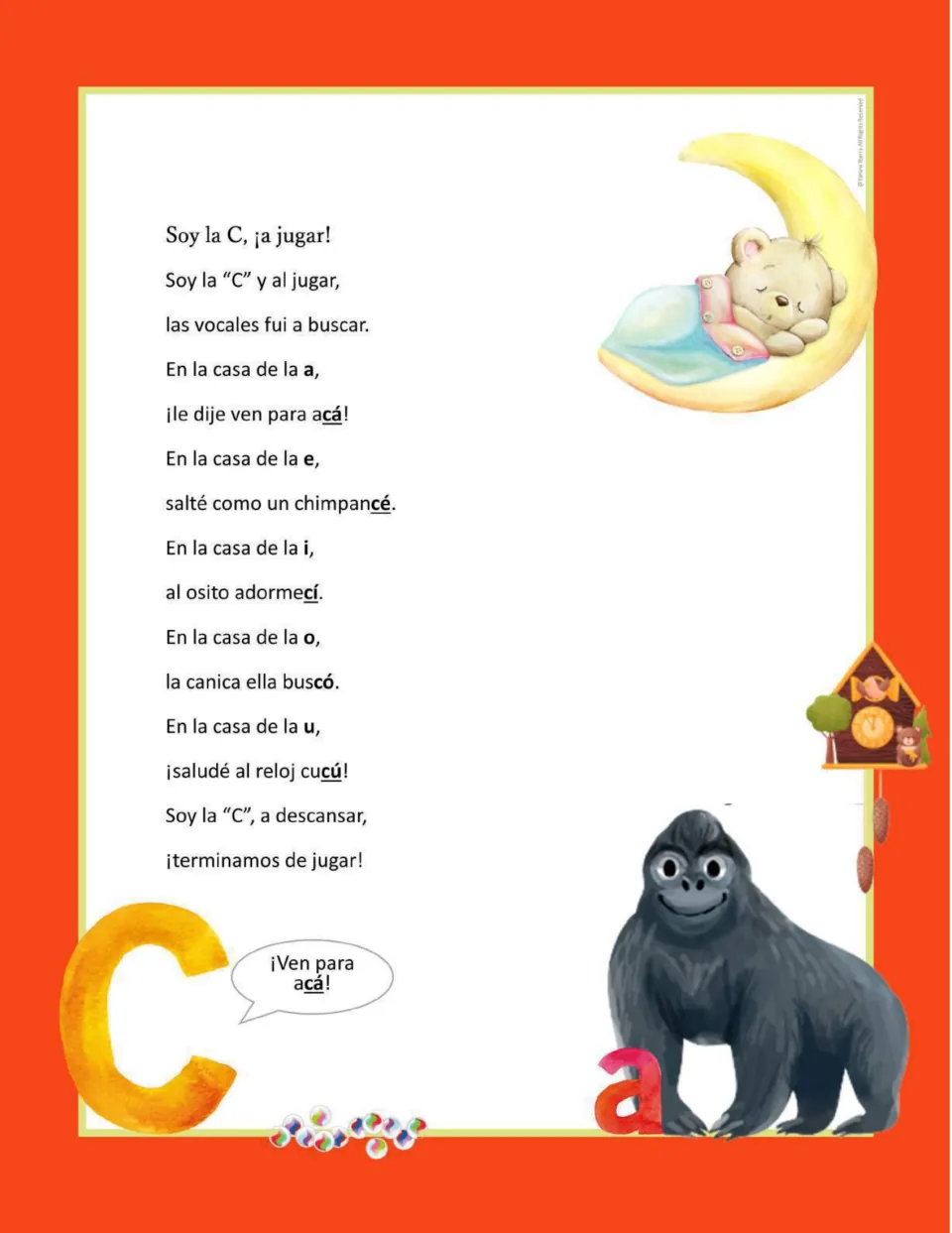 Letter C poem pairs C with each vowel through acá (here), chimpancé (chimpanzee), adormecí, buscó, and cucú
