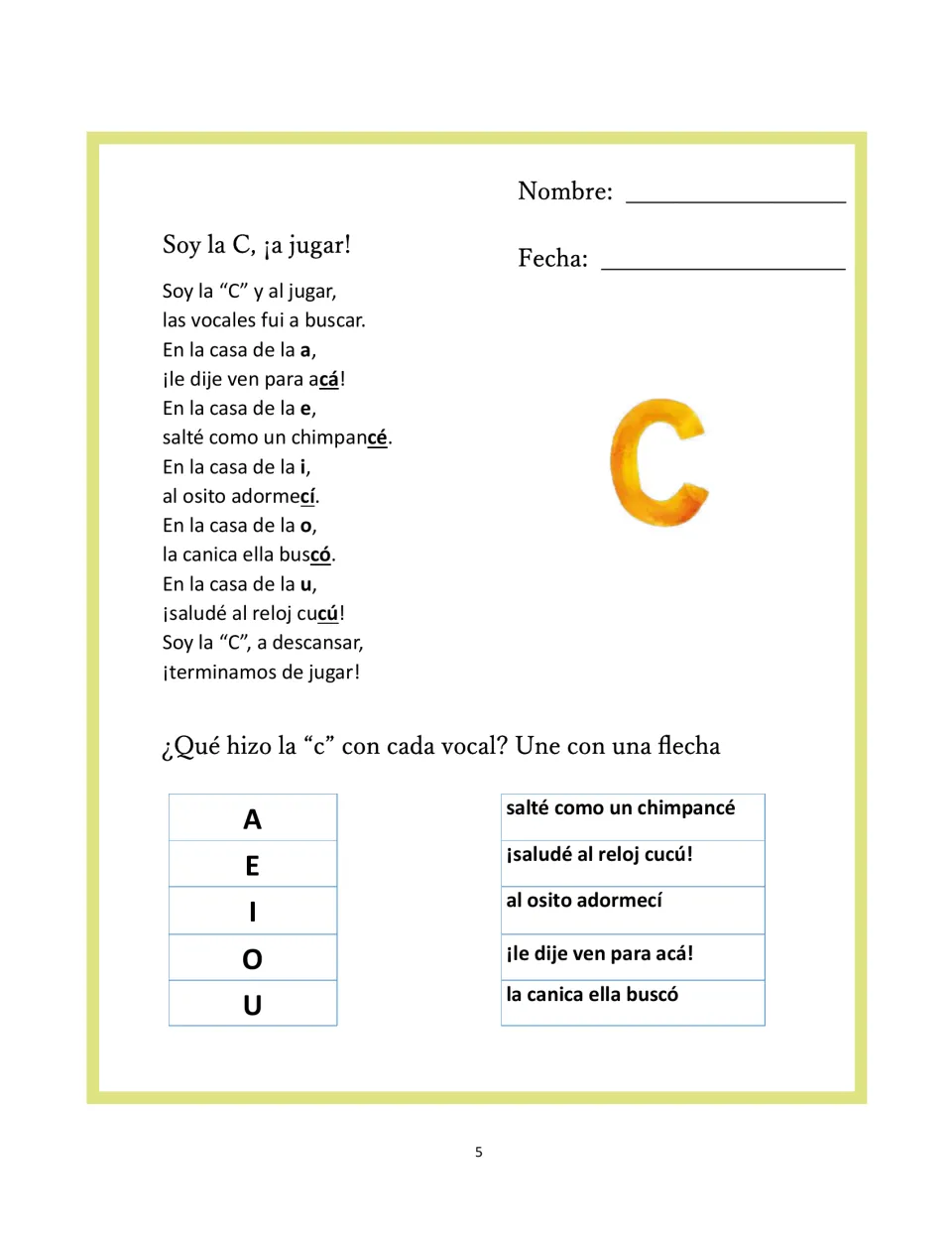 Letter C matching activity asks students to connect each vowel to actions such as jumping like a chimpanzee