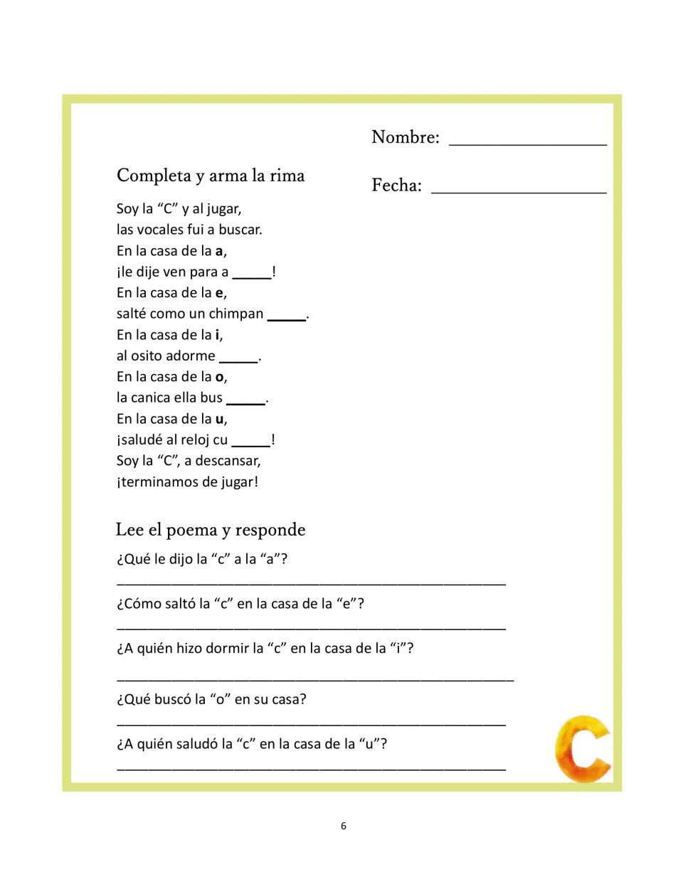 Letter C follow-up asks students to finish five rhyming endings and answer questions about the bear and clock
