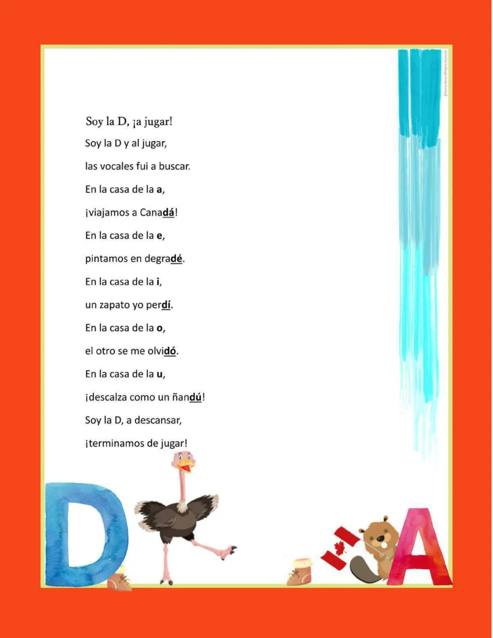 Letter D poem pairs D with each vowel through Canadá (Canada), degradé, perdí, olvidó, and ñandú (rhea)