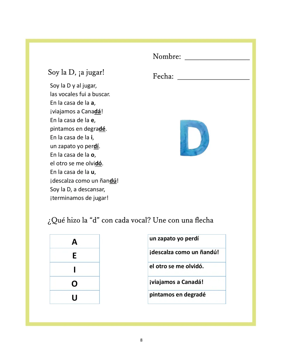 Letter D matching activity connects vowels to poem actions, including visiting Canada and losing a shoe