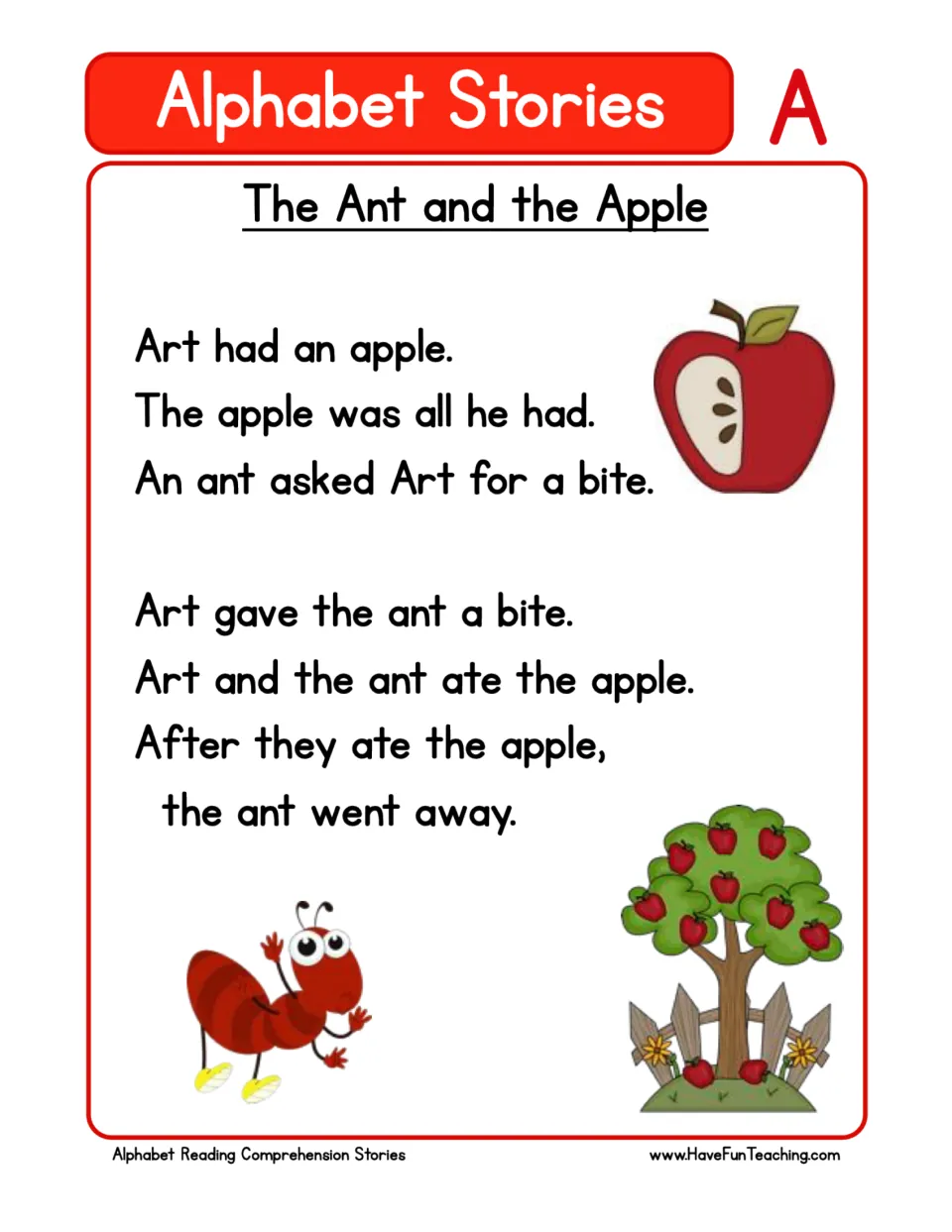 Letter A story "The Ant and the Apple": students read seven short lines about Art sharing his apple with an ant