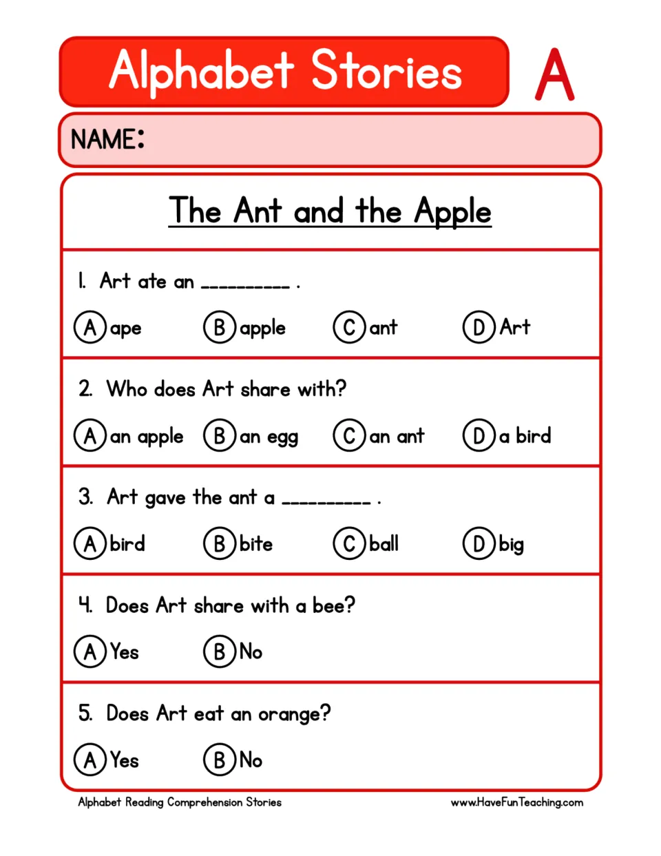 The Ant and the Apple questions: students answer five multiple-choice and yes/no items to check story comprehension