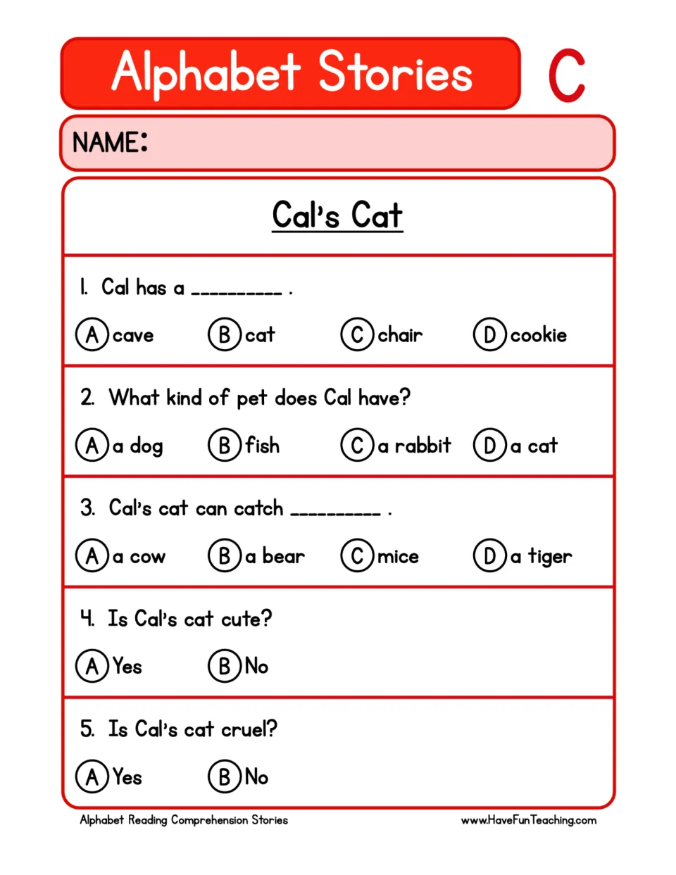 Five comprehension questions about Cal's cat ask what pet he has, what it catches, and if it is cute or cruel.