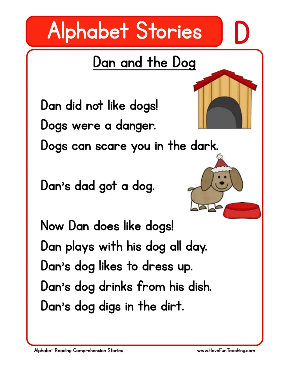 Letter D story "Dan and the Dog": students read short sentences with D words like dad, dog, dark, dish and dirt