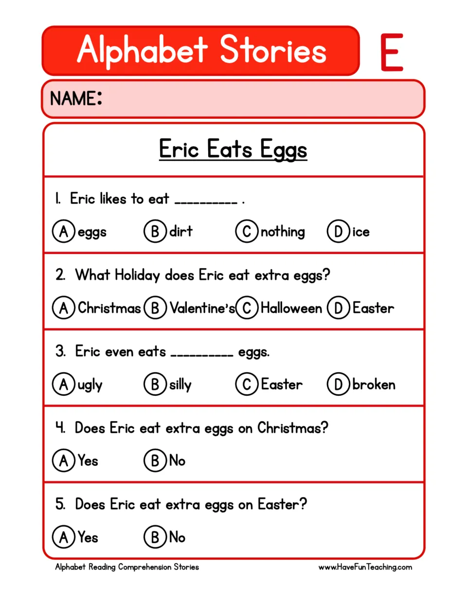 Five comprehension questions about Eric eating eggs, including Easter eggs, with multiple-choice and yes/no answers.