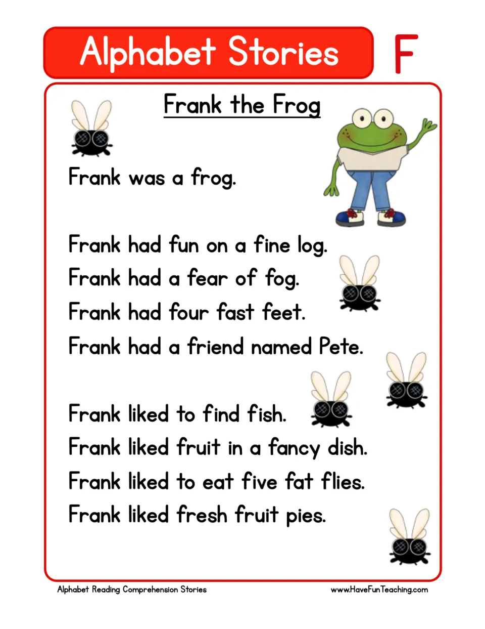 Letter F story "Frank the Frog": students read simple sentences packed with F words like fog, fish and five fat flies