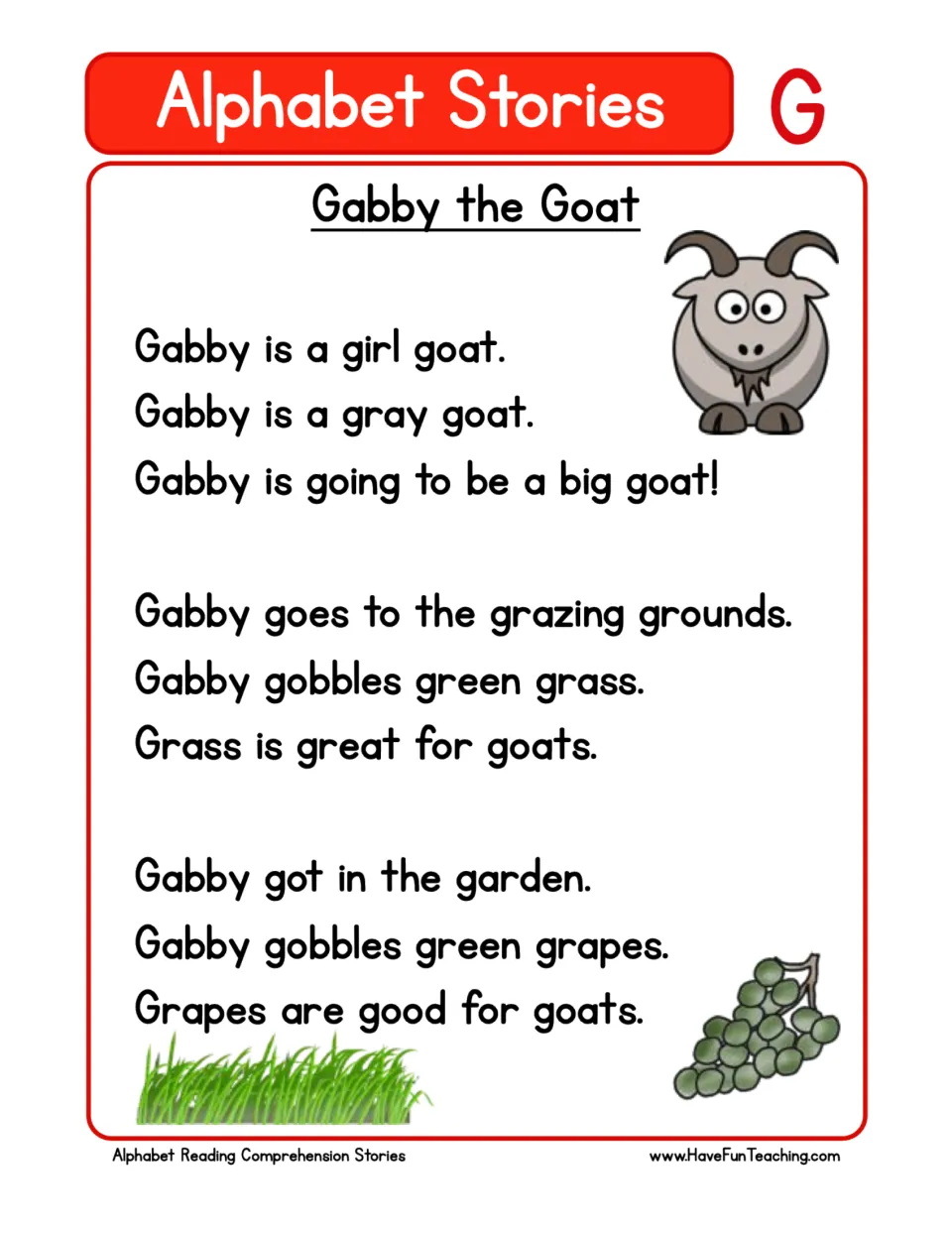 Letter G story "Gabby the Goat": students read short G-word sentences about a goat eating green grass and grapes