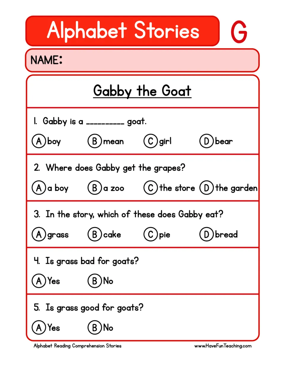 Gabby the Goat comprehension questions: students bubble A to D answers for five multiple-choice and yes/no story items