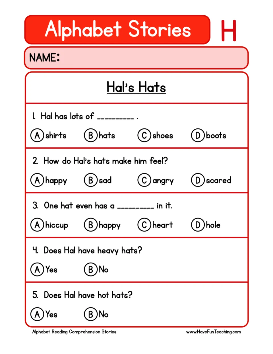 Five comprehension questions about Hal's hats: what he has, how he feels, a hole, and heavy and hot hats.