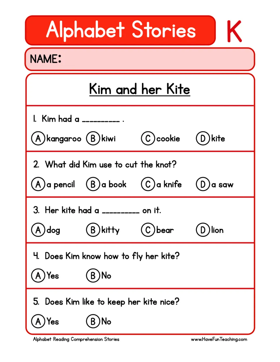 Five comprehension questions about Kim's kite, the kitty on it, cutting the knot, and caring for the kite.