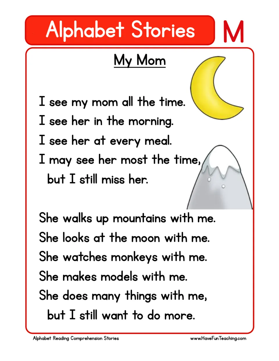 Letter M story "My Mom": students read a short text using M words such as mom, mountains, moon, monkeys and models