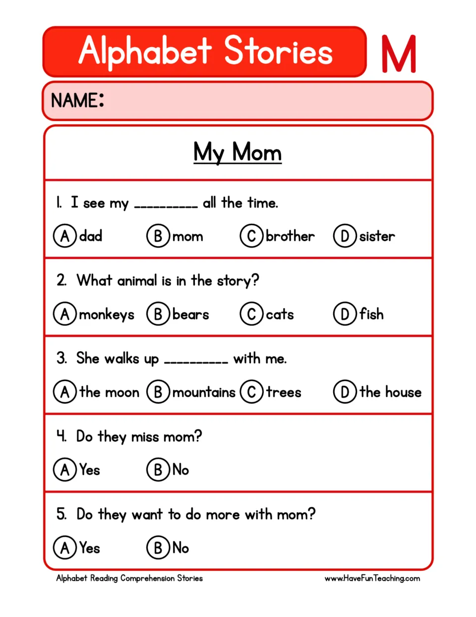 "My Mom" reading comprehension: students answer 5 multiple-choice questions recalling details from the letter M story