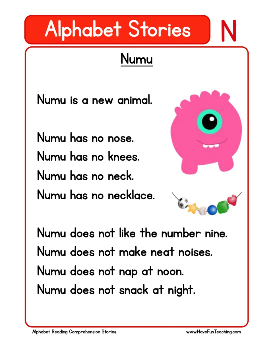Letter N story "Numu": students read short sentences about a pink monster with no nose, knees or neck, full of N words
