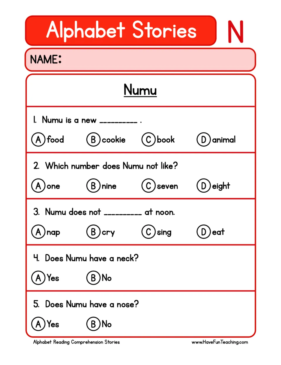 Numu comprehension questions: students bubble A-D or yes/no answers to 5 questions about the story's details