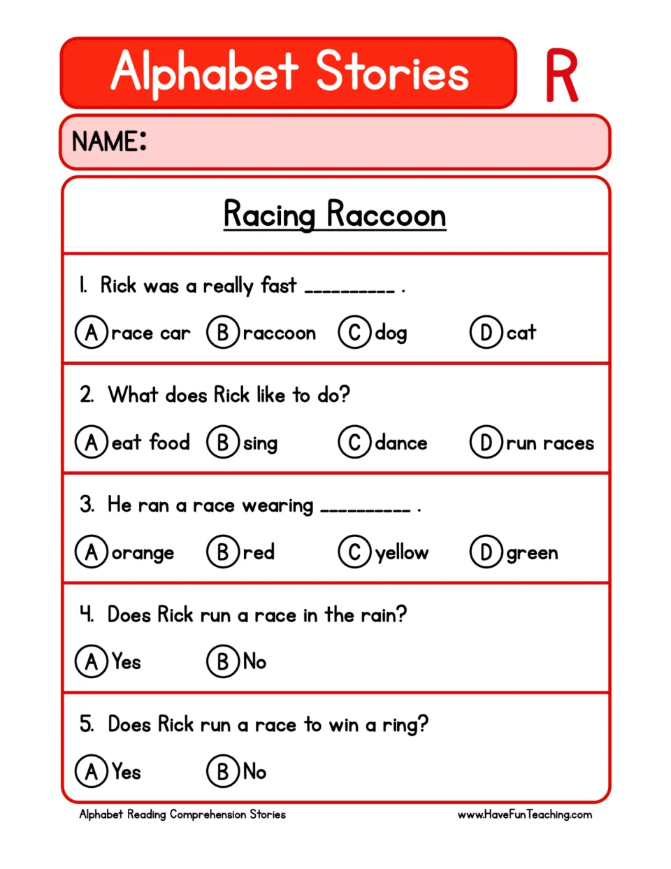 Racing Raccoon comprehension quiz: students answer 5 multiple-choice and yes/no questions about Rick the raccoon's races