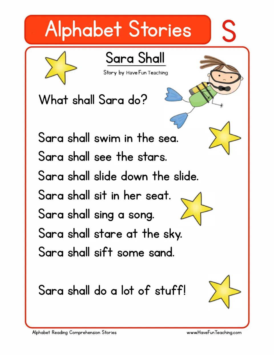 Letter S story "Sara Shall": students read short repeated sentences with S words like swim, sea, stars, slide and sand