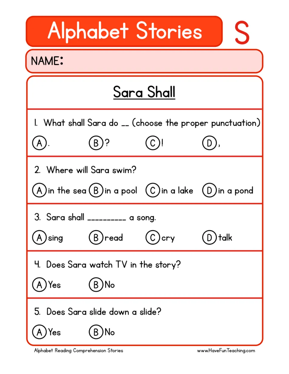 Sara Shall comprehension quiz: five multiple-choice questions on punctuation, where Sara swims, and what she does