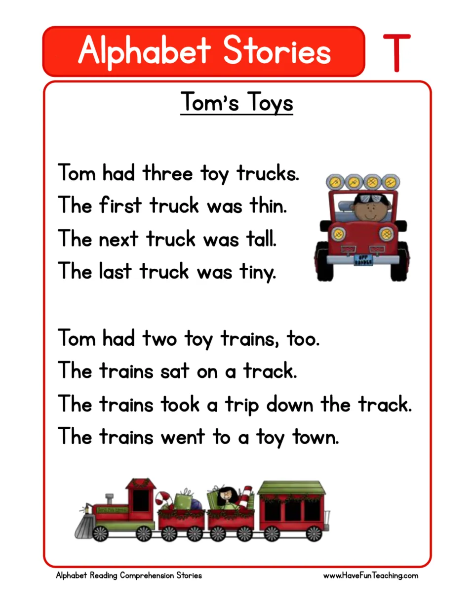 Letter T story "Tom's Toys": students read eight short sentences about Tom's thin, tall and tiny trucks and toy trains