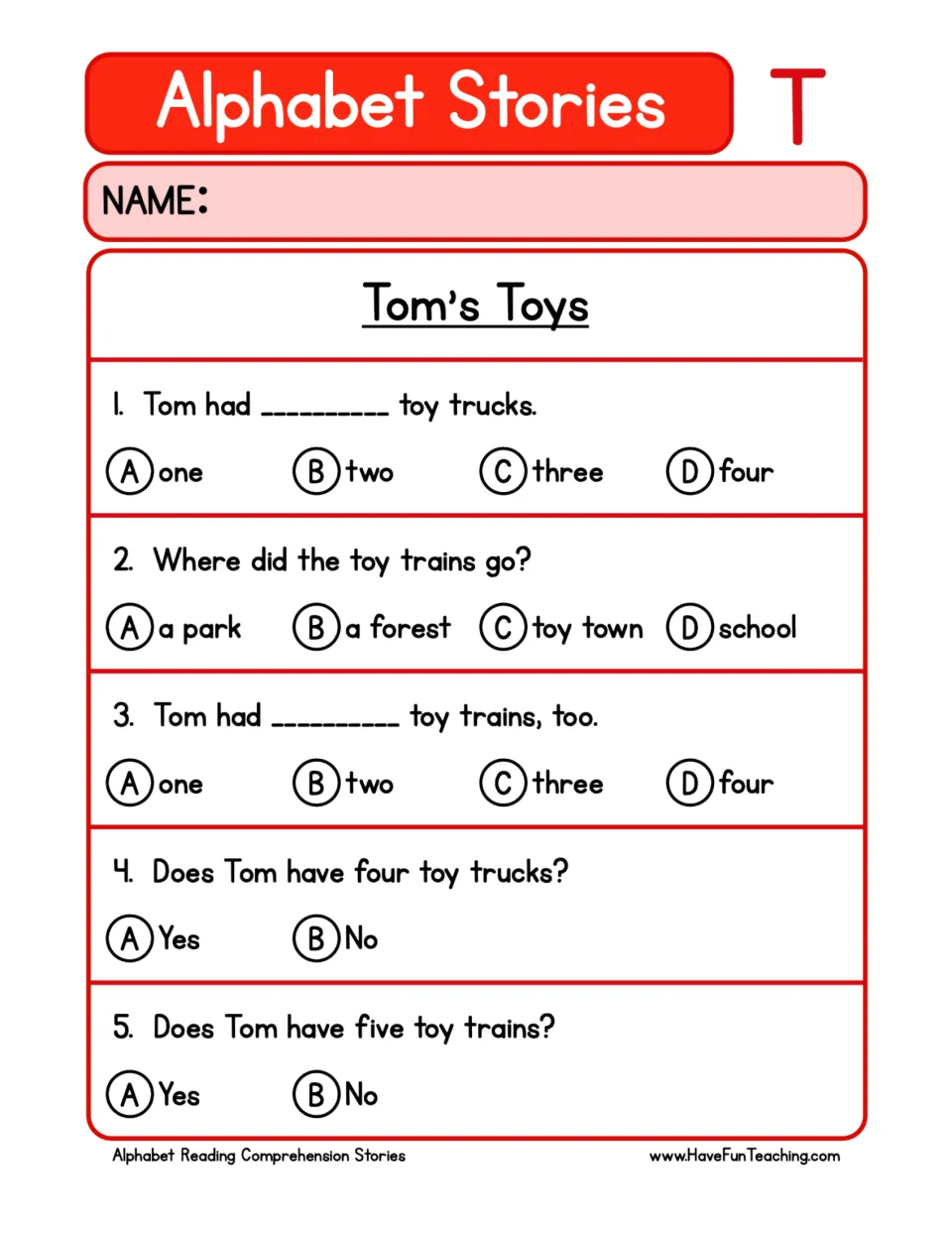 Tom's Toys questions: students answer five multiple-choice and yes/no items about the trucks and trains in the story