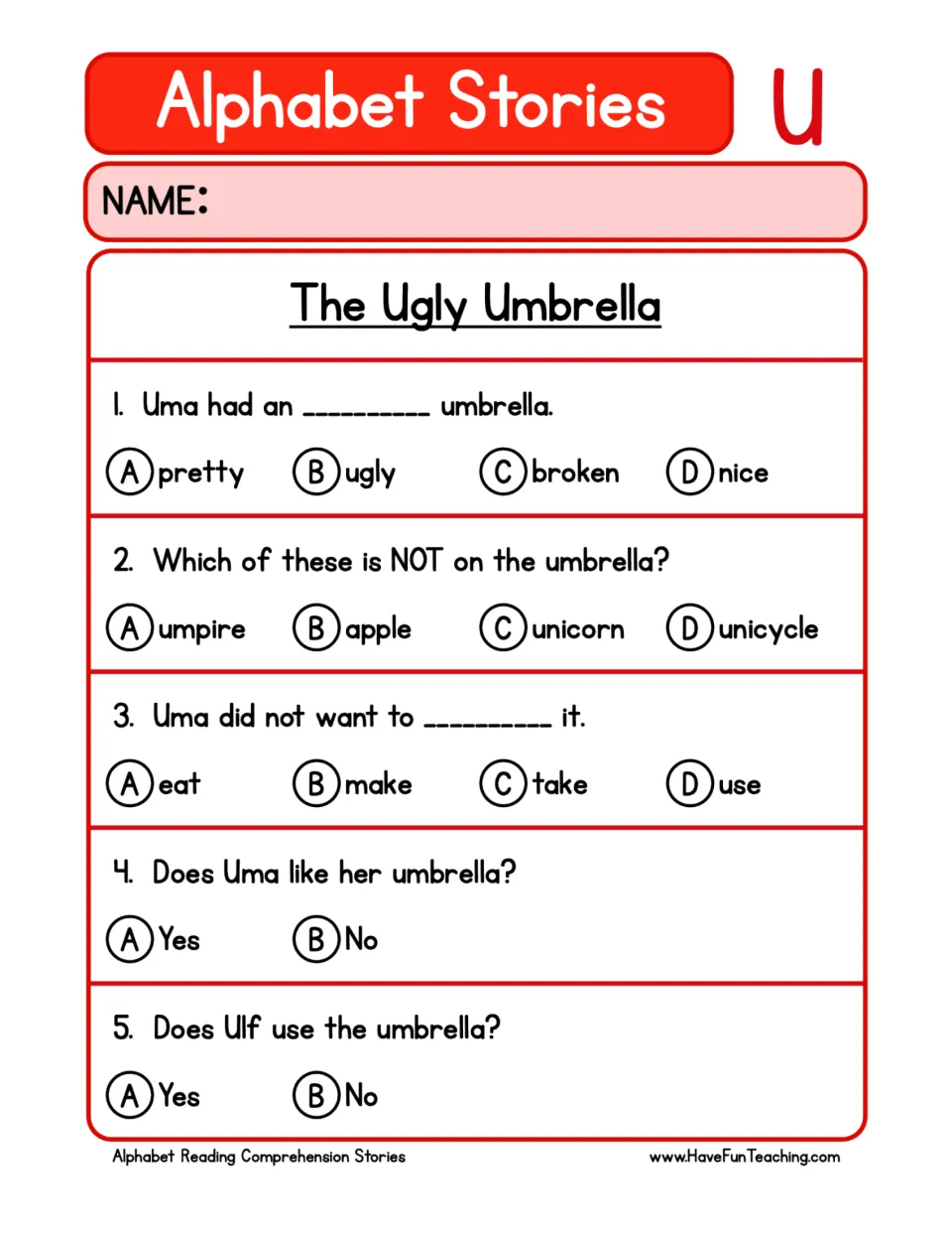 Letter U comprehension questions: five items about Uma's umbrella, its pictures, and who uses it.