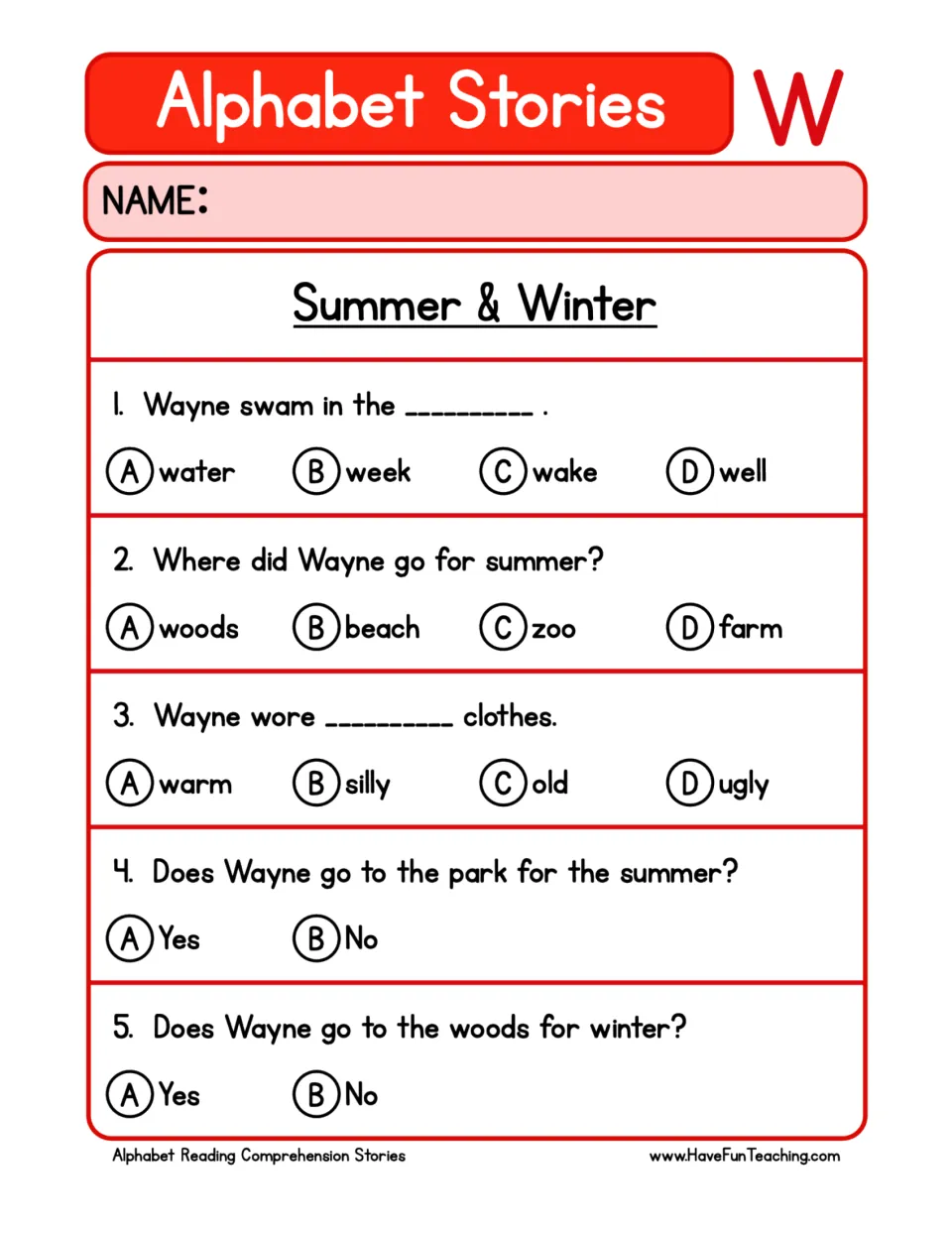 Reading comprehension questions: where Wayne swam, his summer trip, warm clothes, the park, and the woods.