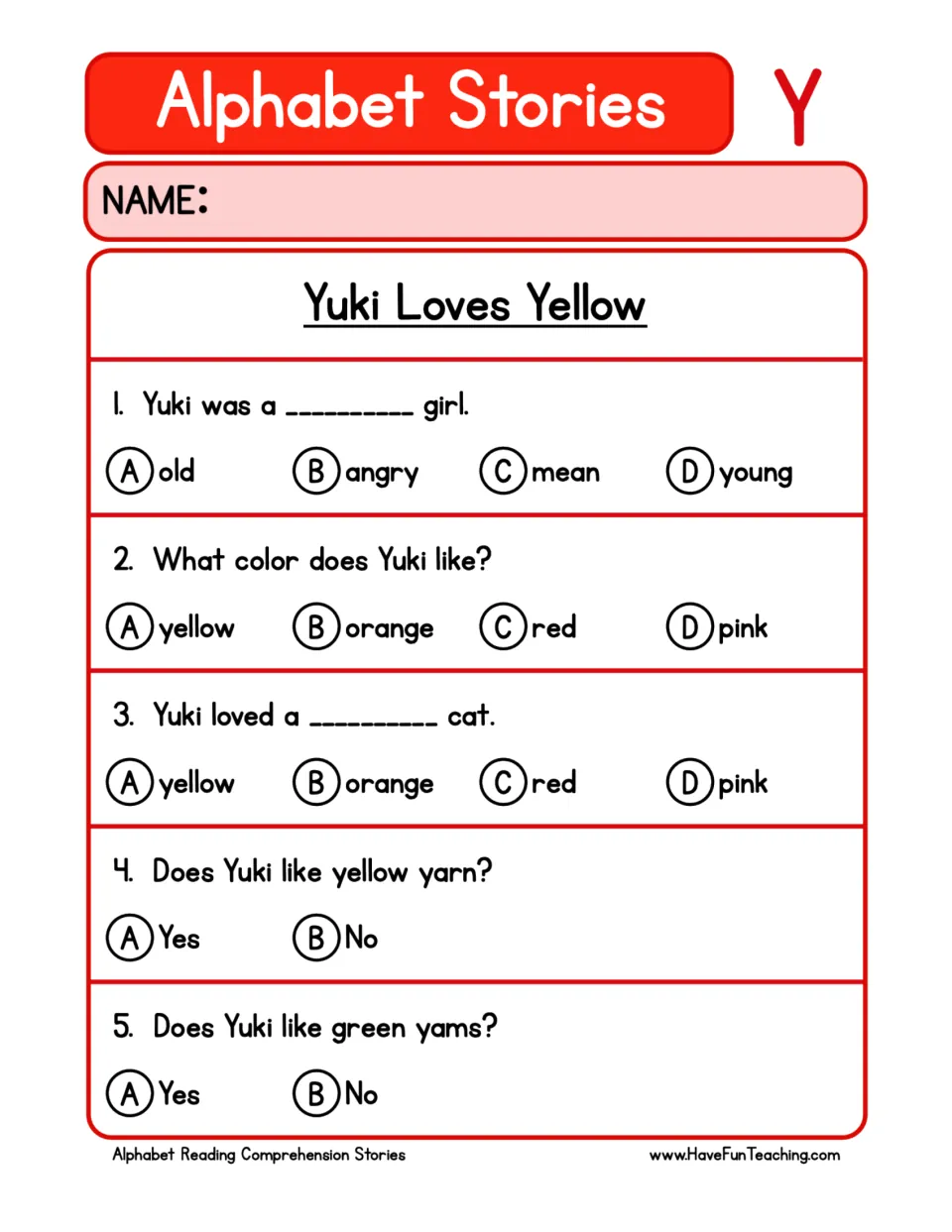 Five comprehension questions about Yuki's age, favorite color, yellow cat, yellow yarn, and green yams.