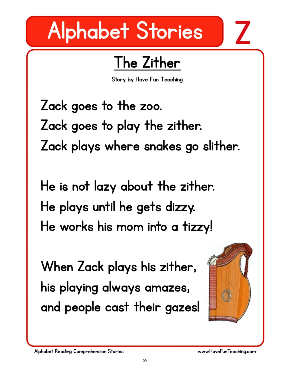 Letter Z reading passage about Zack playing the zither at the zoo, getting dizzy, and amazing onlookers.